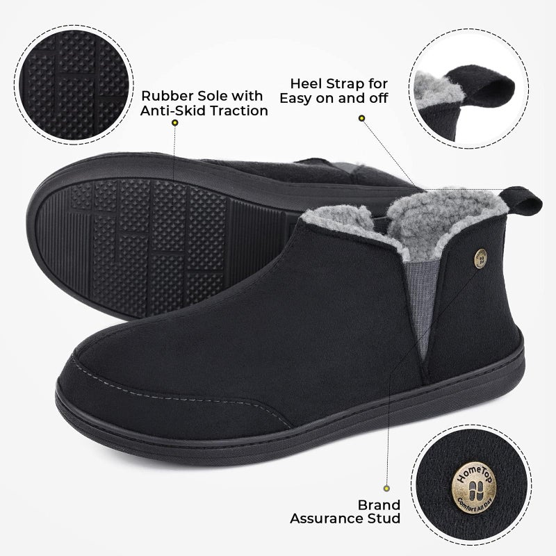 HomeTop Men's Bootie Slippers Comfy Warm Soft Non-slip Indoor Memory Foam House Shoes with Elastic Gores (12, Black) - Image 4